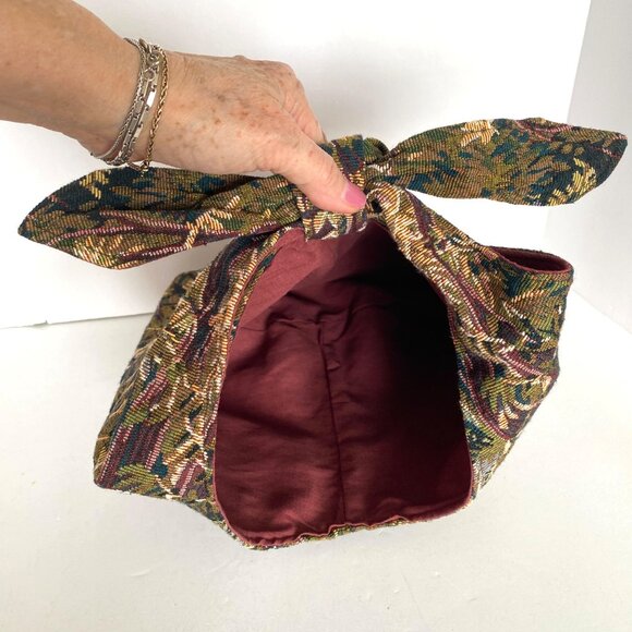 Handmade Tapestry Fabric Shoulder Knot Bag With Bow Tie Strap Toggle Closure - Picture 6 of 9